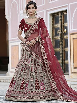 Bridal Velvet A-Line Style Peacock Motif Lehenga Choli All Over Embellished Thread, Zari, Dori Embroidery and Soft Net Dupatta