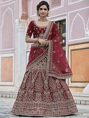 Velvet Floral Mughal Motif Bridal Lehenga Choli With All-Over Dori, Zari, Stone, Thread Work And Soft Net Dupatta
