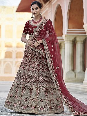 Velvet Bridal Mughal-Kali Motif Lehenga Choli Heavy Embroidered Thread, Zari, Dori, Sequins Work and Soft Net Dupatta