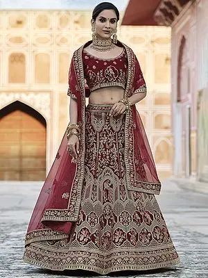 Bridal Velvet Bird-Flower Motif Lehenga Choli with Zari, Dori, Sequins, Thread Embroidery, and Soft Net Dupatta