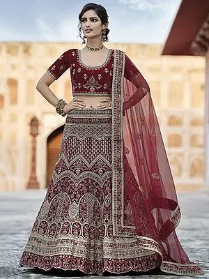 Bridal Velvet Flower Bouquet Pattern Lehenga Choli with Zari, Dori, Sequins, Thread Work and Soft Net Dupatta