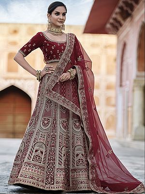 Velvet Bridal Mughal Motif Lehenga Choli with Resham, Zari, Dori, Sequins Work and Soft Net Dupatta