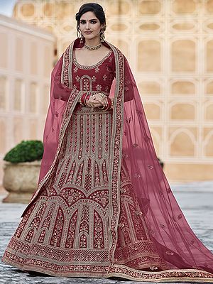 Velvet Mughal Meena Motif Bridal Lehenga Choli With Thread, Zari, Dori, Sequins Work And Soft Net Dupatta