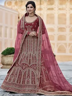 Velvet Mughal Meena Motif Bridal Lehenga Choli with Thread, Zari, Dori, Sequins Work and Soft Net Dupatta