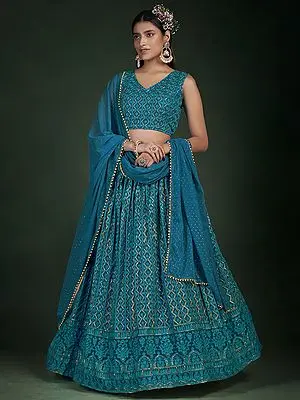 Rama-Blue Georgette Chevron Pattern Lehenga Choli with Thread-Zari Work and Bundi Pattern Dupatta