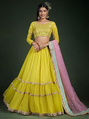 Lime-Yellow Georgette Lehenga Choli With Beautiful Embellished Zari-Sequins Work And Pink Scalloped Soft Net Dupatta