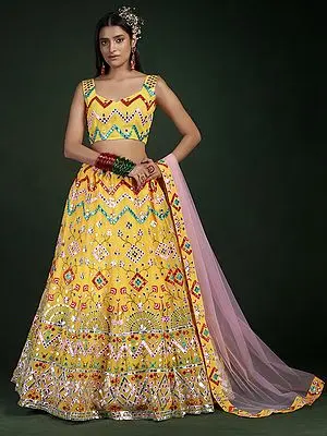 Yellow Georgette Lehenga Choli with Multicolor Embroidered Thread-Gota Work and Soft Net Dupatta