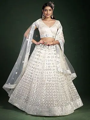 White Georgette All-Over Flower Butta Lehenga Choli with Thread, Sequins, Gota Work and Soft Net Dupatta