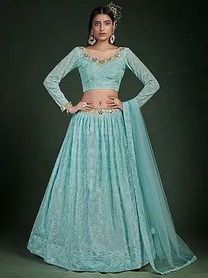 Blue Georgette Floral Motif Lehenga Choli with Thread-Zari Embroidery and Soft Net Dupatta