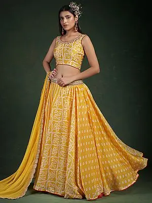 Yellow Chinon Digital Bandhani Motif Printed Lehenga Choli With Dori Work And Soft Scalloped Net Dupatta