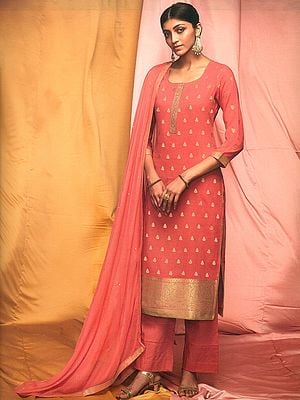Faded-Rose Chiffon Salwar Kameez With Zari Floral Butta Pattern, Broad Border And Parallel Style Pant