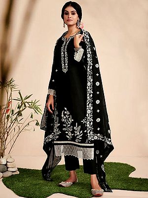 Art-Silk Lawn Style Salwar Suit With Resham Floral Embroidery, Net Detail On Kameez And Parallel Style Pant