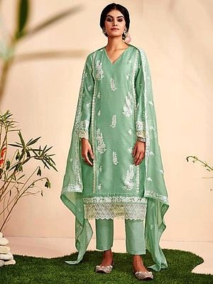 Art-Silk Lawn Style Salwar Suit With Resham Floral Embroidery, Net Detail On Kameez And Parallel Style Pant