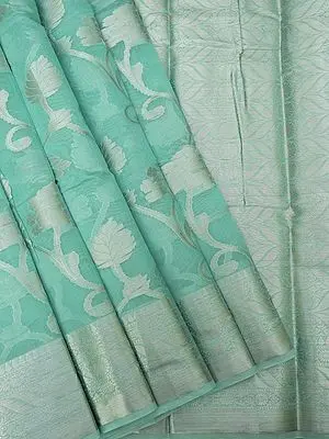 Art Silk Banarasi Vine Motif Saree with Beautiful Floral Silver Zari Work on Pallu