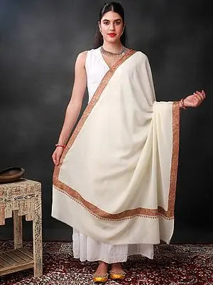 Gardenia Kashmiri Shawl With Sozni Hand-Embroidered Paisley-Floral Border