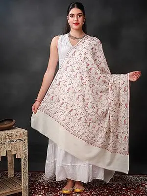 Whisper-White Sozni Shawl with All-Over Hand-Embroidered Paisley-Floral Vine Pattern
