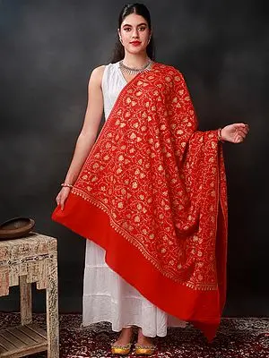 Poppy-Red Sozni Shawl With All-Over Yellow Thread Hand-Embroidered Paisley-Floral Vine Pattern