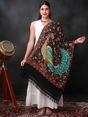 Black-Beauty Aari Embroidered Stole With All-Over Multicolor Floral-Peacock Motif