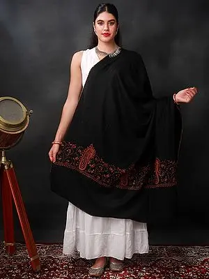 Caviar-Black Hand-Embroidered Sozni Shawl With Floral-Paisley Jaal Pattern