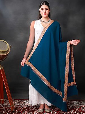 Sozni Shawl with Hand-Embroidered Flower-Leaf Vine Pattern Border
