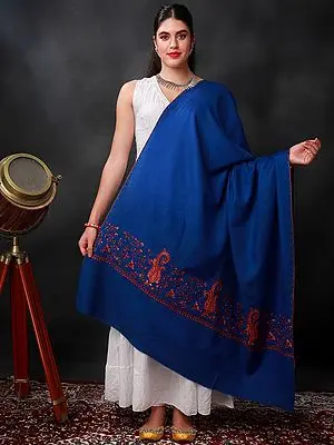 Royal-Blue Sozni Shawl With Hand-Embroidered Paisley Vine Pattern