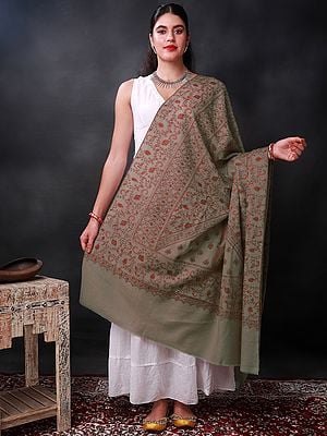 Pine-Bark Sozni Shawl With All-Over Hand-Embroidered Paisley-Floral Vine Pattern