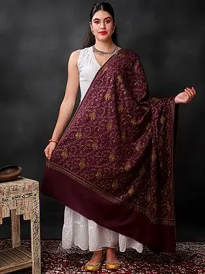 Amaranth Sozni Shawl with All-Over Hand-Embroidered Paisley-Floral Vine Pattern
