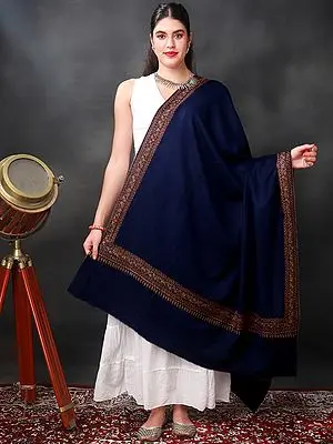 Cobalt-Blue Sozni Shawl With Broad Hand-Embroidered Leaf Motif Border