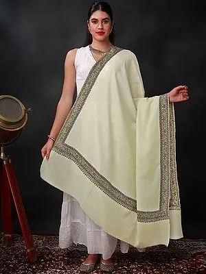 Eggnog-Cream Hand-Embroidered Sozni Shawl with Floral-Paisley Motif Border