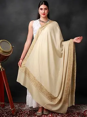 Almond-Cream Sozni Shawl with Diamond Self Weave and Hand-Embroidered Mughal Motif Broad Border