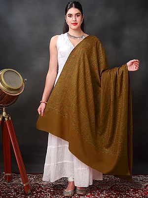 Pecan-Brown All-Over Hand-Embroidered Sozni Shawl With Bold Paisley-Floral Jaal Motif