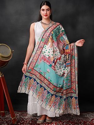 Multicolor Pure Wool Shawl from Kashmir with Kalamkari Hand-Embroidered Depicting Courtyard Garden | Handwoven