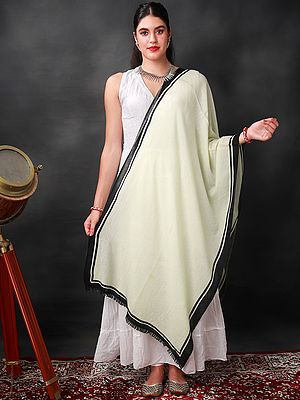 Off-White Woolen Shawl With Black Stripe Border And Fringe