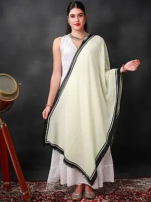 Off-White Woolen Shawl With Black Stripe Border And Fringe
