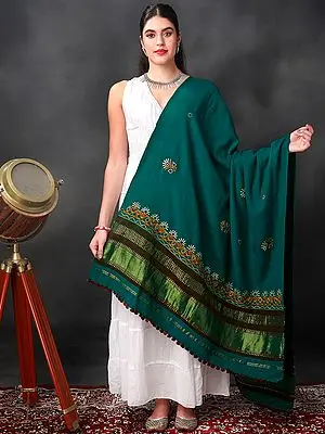 Deep-Lake Woolen Shawl from Kutch with Gajji Patti Border And Chakra Mirror Embroidery