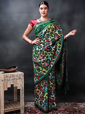 Greener-Pastures Reverse Kantha Pattern Floral Hand-Embroidered Pure Silk Saree