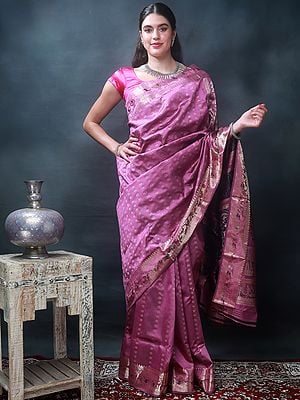 Deep-Mauve Baluchari Silk Handloom Saree with Zari Embroidered Folk Dance