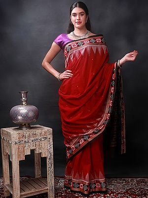 True-Red Ikat Saree with Black Temple Border and Depiction of Auspicious Symbols on Pallu