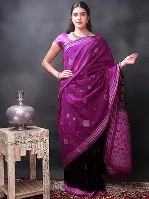 Magenta-Black Bomkai Saree from Odisha with Woven Floral Motif