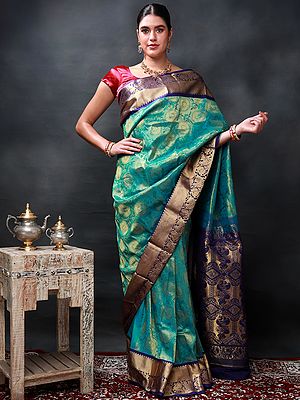 Blue-Green Colored Handloom Pure Uppada Silk Sari from Karnataka with Brocaded Peacock-Elephant Motif