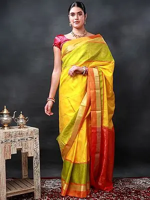Macaw-Green Kanjeevaram Silk Saree with Brocaded Zari Booti from Chennai