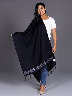 Floral Motif Pashmina Silk Embroidered Stole from Nepal with Fringe