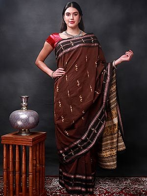 Deep-Mahogany Bomkai Saree from Odisha with Woven Contrast Paisley Butta-Floral Pattern