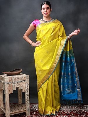 Cress-Green Kanjeevaram Silk Saree With Brocaded Zari Paisley-Floral Booti From Chennai
