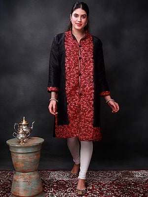 Long Art Silk Jacket From Kashmir With Aari-Embroidered Paisley-Floral Vine
