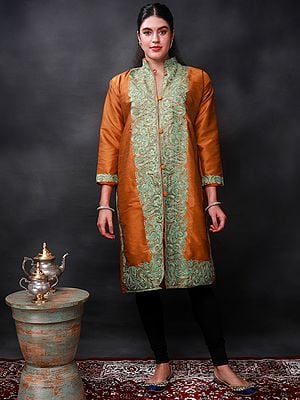 Long Art Silk Jacket from Kashmir with Aari-Embroidered Paisley-Floral Vine