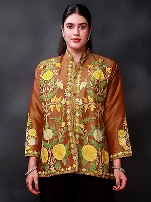 Rust-Orange Art Silk Jacket With Aari-Embroidered Multicolor Floral Vine From Kashmir