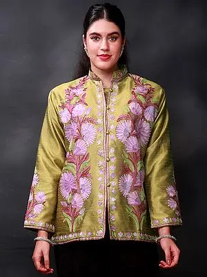 Kelp-Green Art Silk Short Jacket From Kashmir With Aari-Embroidered Floral Vine