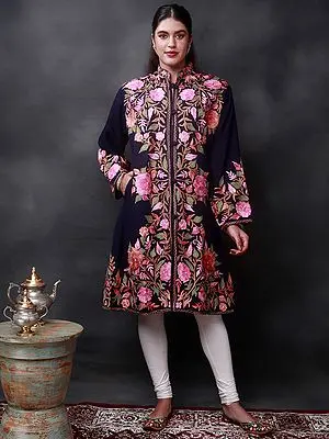 Peacoat-Blue Pure-Wool Long Jacket From Kashmir With Giant Aari-Embroidered Paisley and Flowers