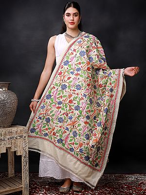 Cloud-Cream Nakshi Kantha Dupatta With Multicolored Heavy Embroidered Flowers And Birds By Hand From Bengal